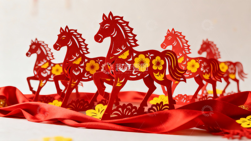 高清大图下载【趣麦麦图】红色剪纸马群迎新春