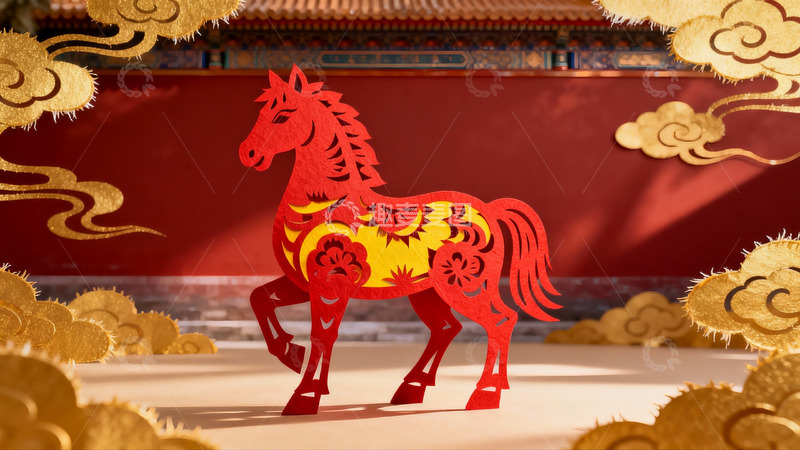 高清大图下载【趣麦麦图】红色剪纸马与金色云纹装饰