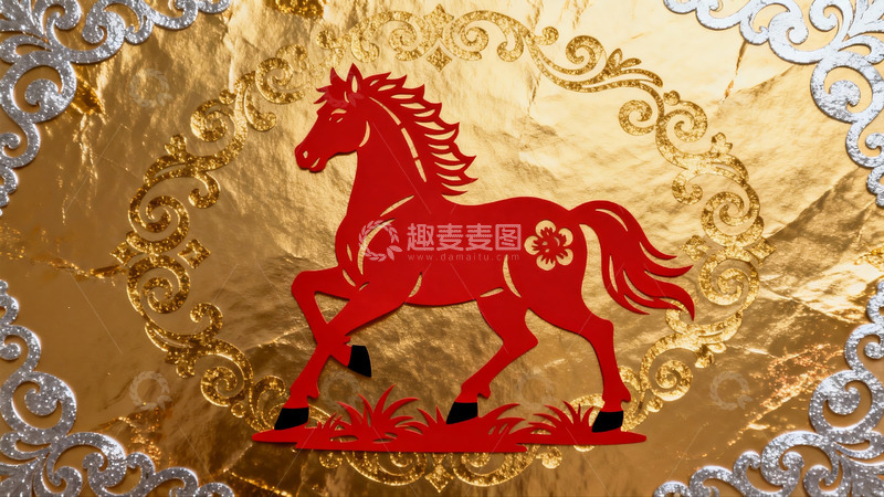 高清大图下载【趣麦麦图】金色背景上的红色剪纸马