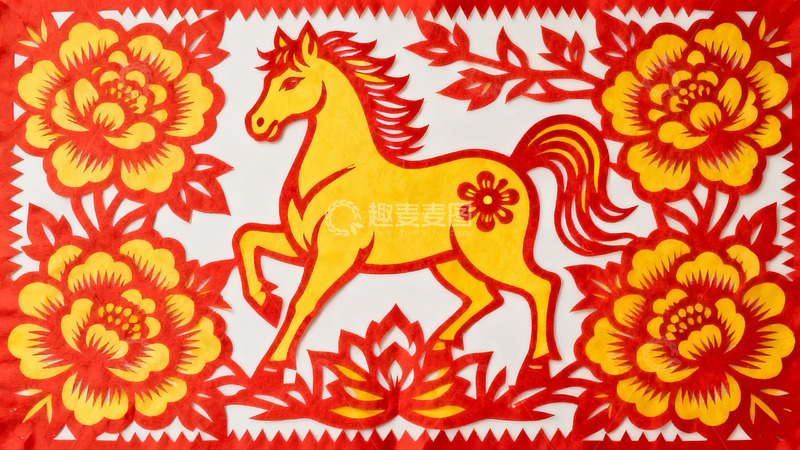 高清大图下载【趣麦麦图】剪纸艺术中的马与花卉图案
