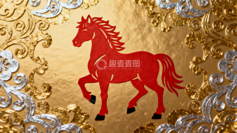 高清大图下载【趣麦麦图】红色剪纸马图案金色背景