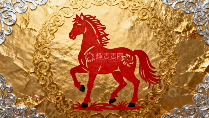 高清大图下载【趣麦麦图】金色背景上的红色剪纸马