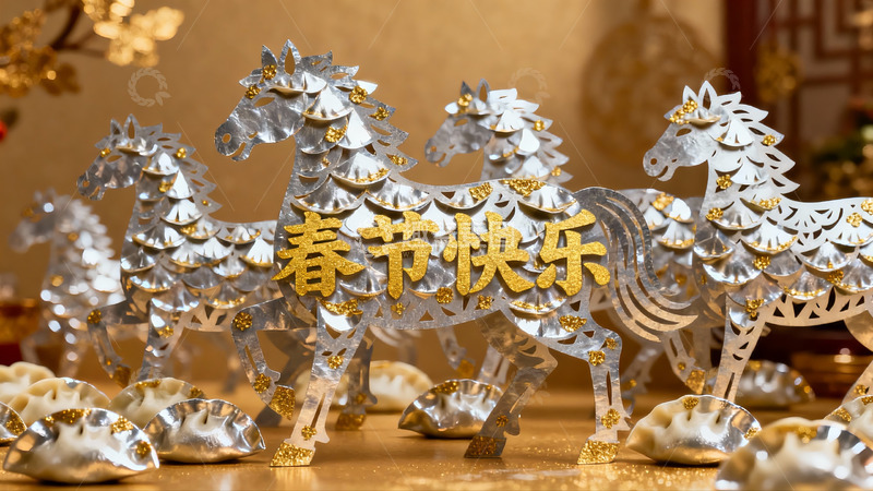 高清大图下载【趣麦麦图】春节银马剪纸与饺子装饰