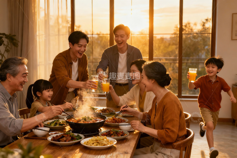 高清大图下载【趣麦麦图】温馨家庭聚餐夕阳下欢声笑语