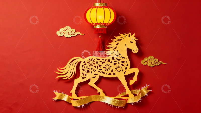 高清大图下载【趣麦麦图】红色背景上的金色剪纸马与灯笼