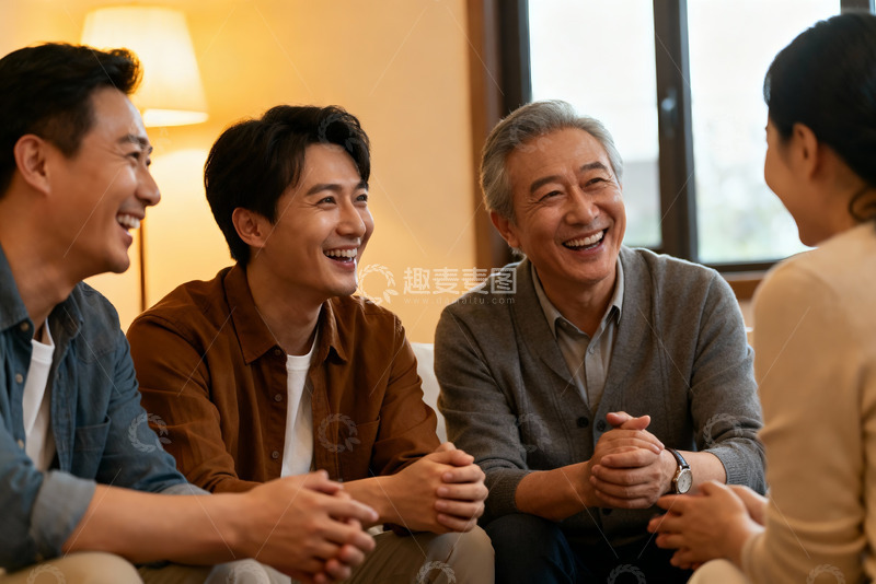 高清大图下载【趣麦麦图】四人室内欢聚交谈场景