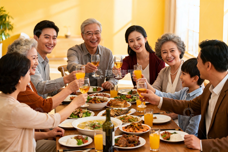 高清大图下载【趣麦麦图】三代同堂家庭聚餐举杯欢庆