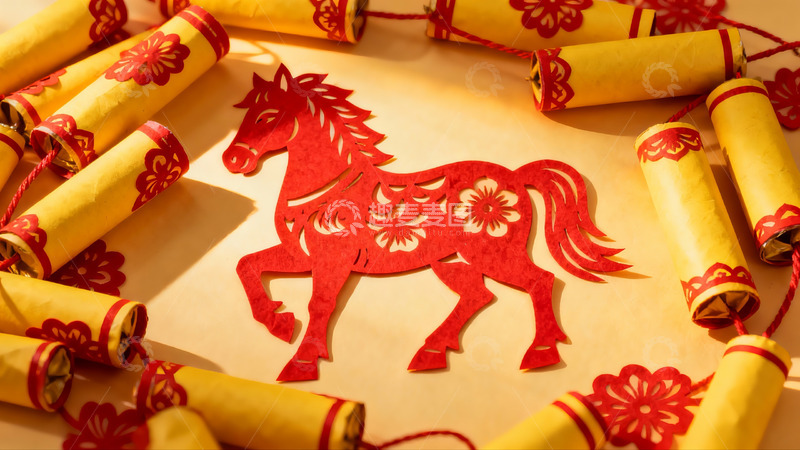 高清大图下载【趣麦麦图】春节剪纸马与鞭炮装饰