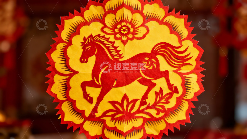 高清大图下载【趣麦麦图】红色剪纸马图案节日装饰