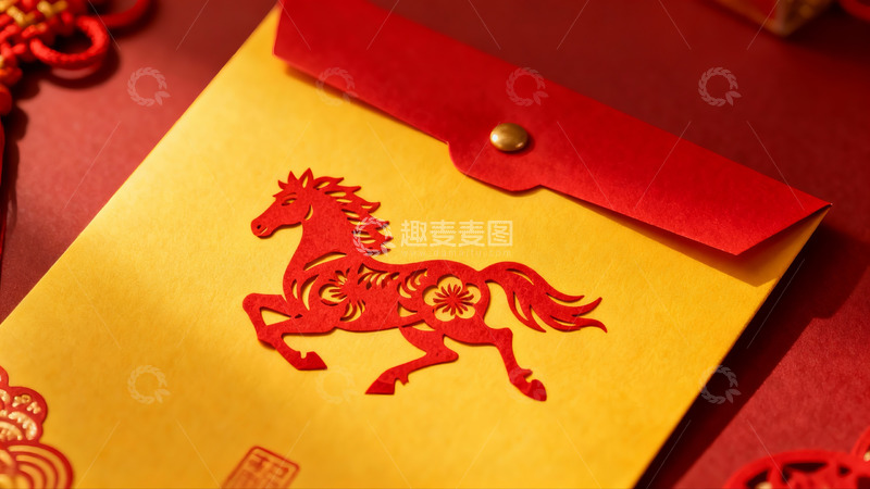 高清大图下载【趣麦麦图】红色红包上的马年剪纸图案