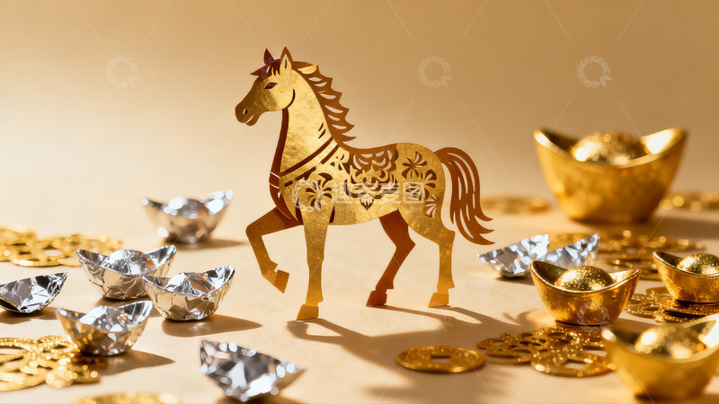 高清大图下载【趣麦麦图】金色纸马与元宝摆件