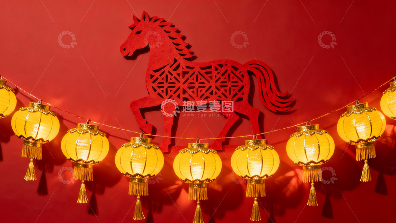 高清大图下载【趣麦麦图】红色背景下的马形剪纸与灯笼装饰