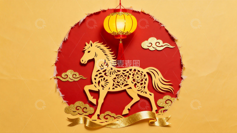 高清大图下载【趣麦麦图】红色圆形剪纸马与灯笼装饰