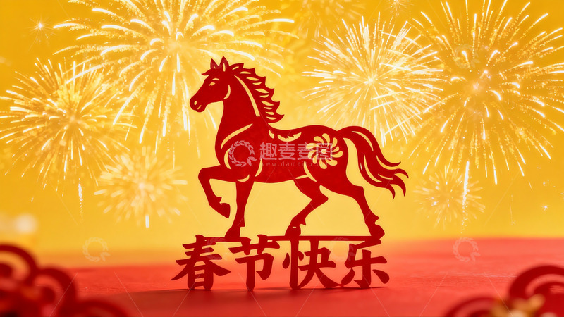 高清大图下载【趣麦麦图】春节剪纸马烟花背景
