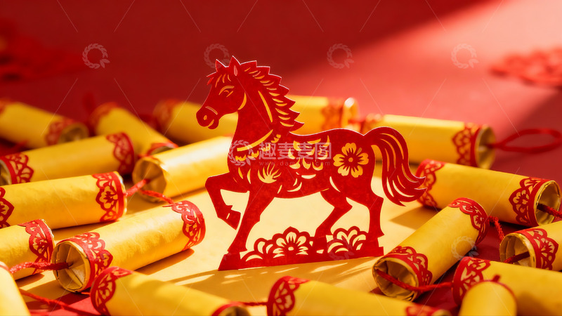 高清大图下载【趣麦麦图】红色剪纸马与金色卷轴装饰