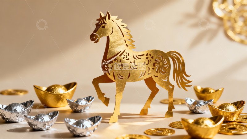 高清大图下载【趣麦麦图】金色剪纸马与元宝摆件