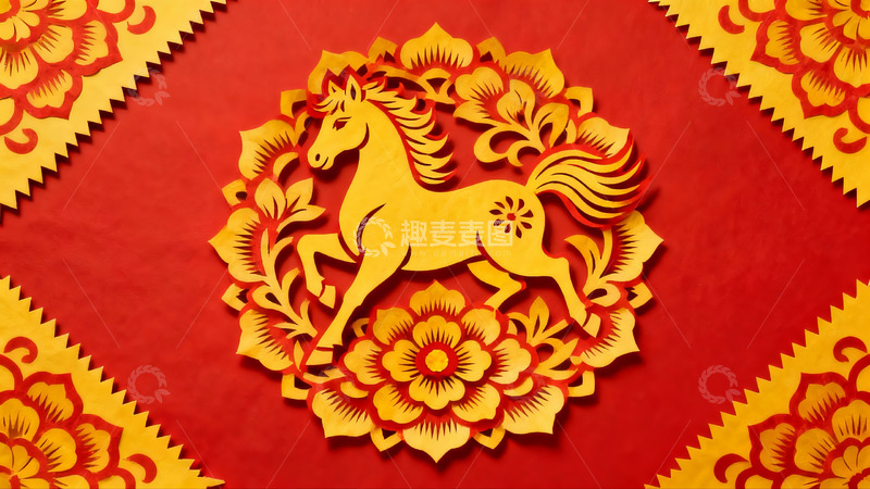 高清大图下载【趣麦麦图】红色背景上的金色剪纸马