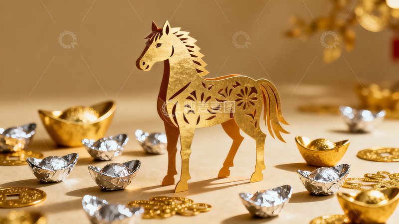 高清大图下载【趣麦麦图】金色纸马与古币摆件