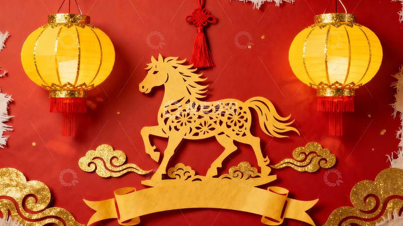 高清大图下载【趣麦麦图】红色背景上的金色马年剪纸装饰