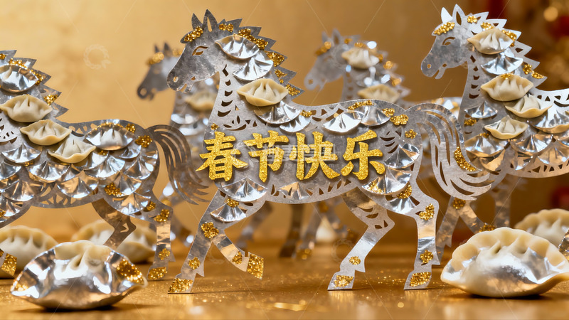 高清大图下载【趣麦麦图】春节创意剪纸马与饺子装饰