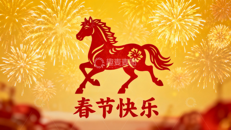高清大图下载【趣麦麦图】春节烟花骏马剪纸贺图