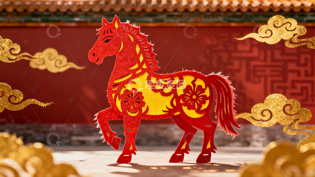 红色剪纸马与金色祥云