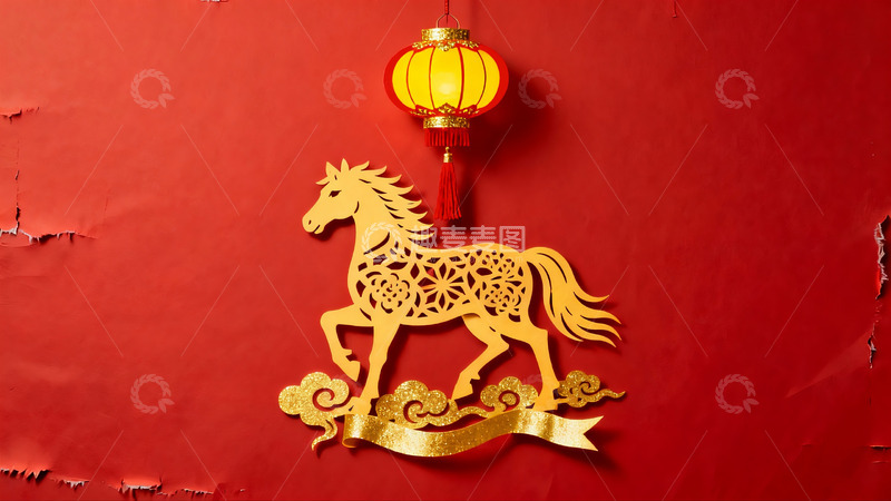 高清大图下载【趣麦麦图】红色背景上的金色马形剪纸与灯笼