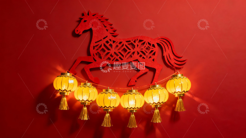 高清大图下载【趣麦麦图】红色背景上的剪纸马与灯笼装饰