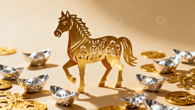 金色剪纸马与银元宝摆件