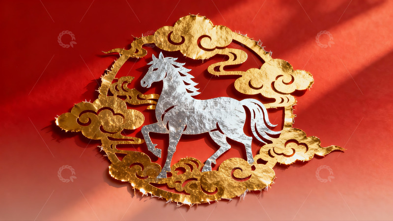 高清大图下载【趣麦麦图】红色背景上的金色剪纸马