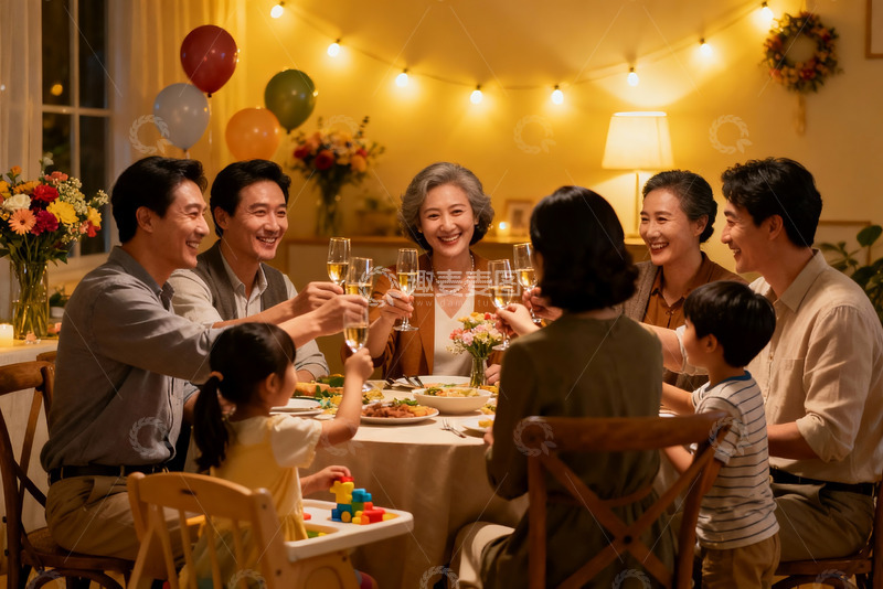 高清大图下载【趣麦麦图】温馨家庭聚餐举杯欢庆