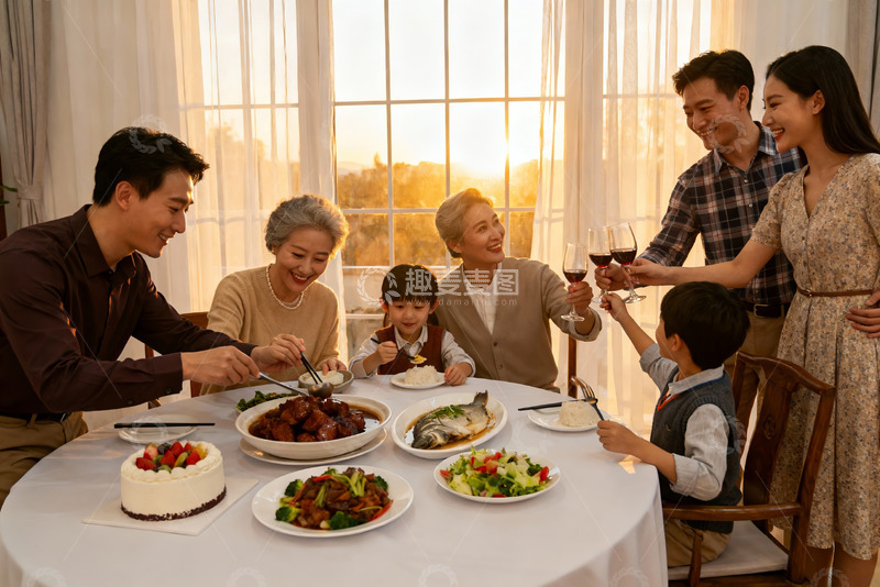 高清大图下载【趣麦麦图】三代同堂家庭聚餐温馨时刻