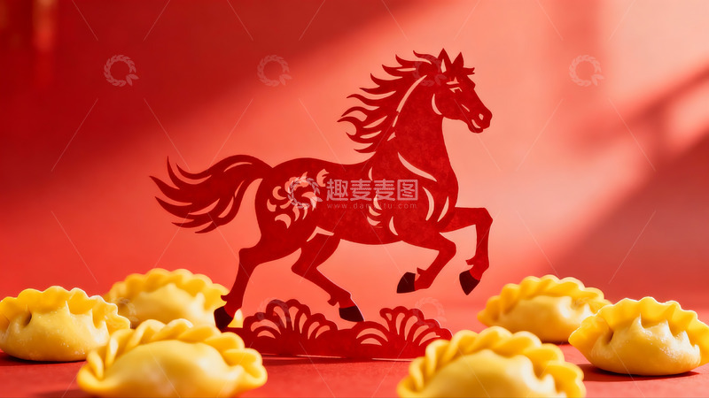 高清大图下载【趣麦麦图】红色剪纸马与饺子摆拍