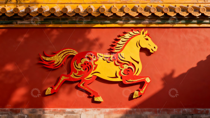 高清大图下载【趣麦麦图】红色墙上的金色奔马装饰