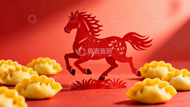 红色剪纸马与饺子摆拍