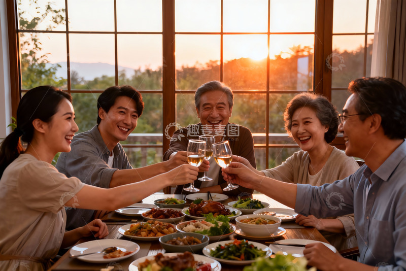 高清大图下载【趣麦麦图】夕阳下家庭聚餐举杯欢庆