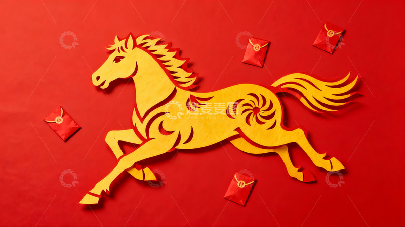 高清大图下载【趣麦麦图】红色背景上的金色剪纸马
