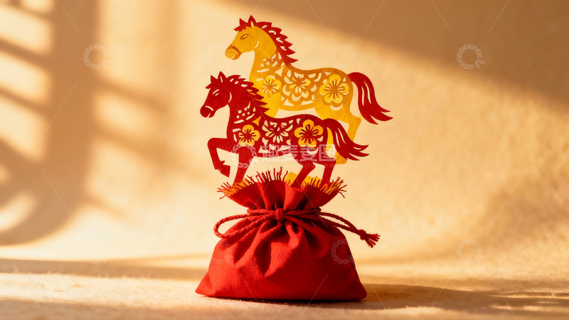 高清大图下载【趣麦麦图】剪纸马装饰红布袋