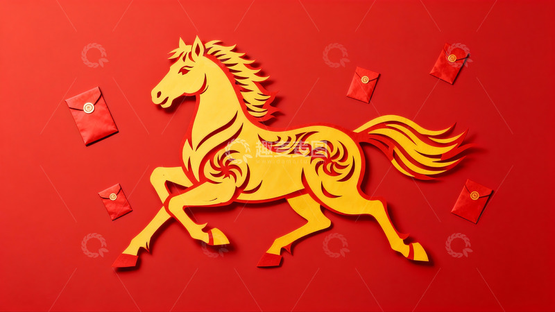 高清大图下载【趣麦麦图】红色背景上的金色剪纸马