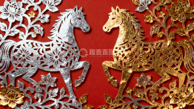 高清大图下载【趣麦麦图】红底双马剪纸艺术