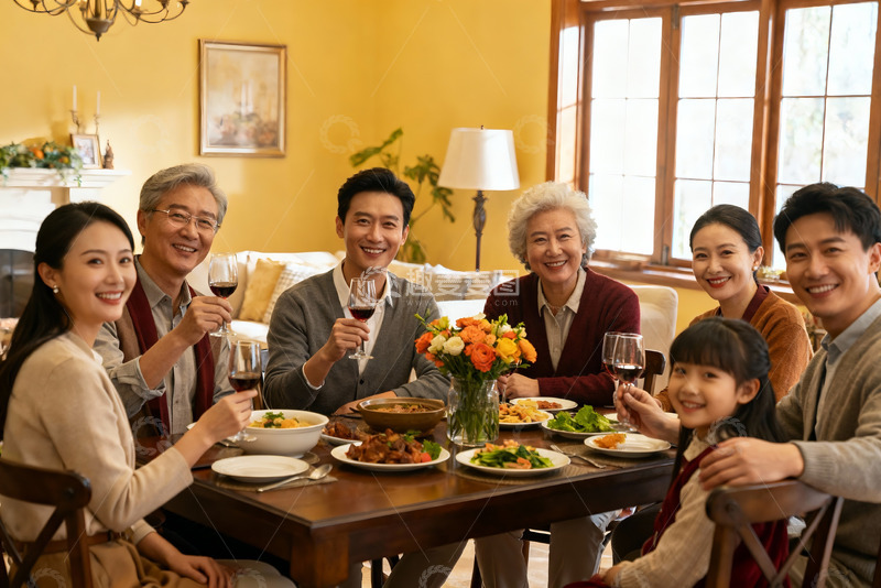 高清大图下载【趣麦麦图】三代同堂家庭聚餐温馨场景