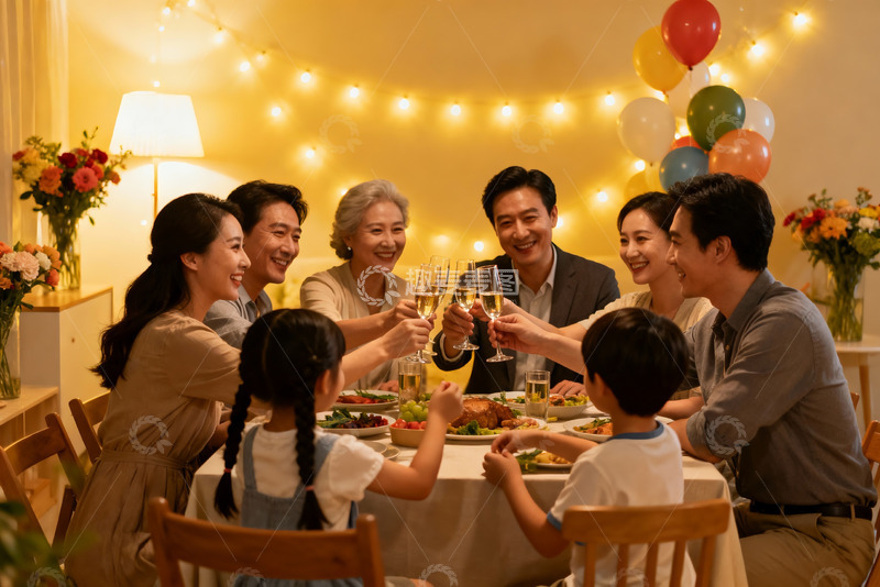 高清大图下载【趣麦麦图】温馨家庭聚餐举杯欢庆
