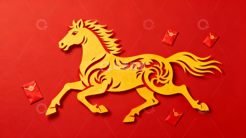 高清大图下载【趣麦麦图】红色背景上的金色剪纸马