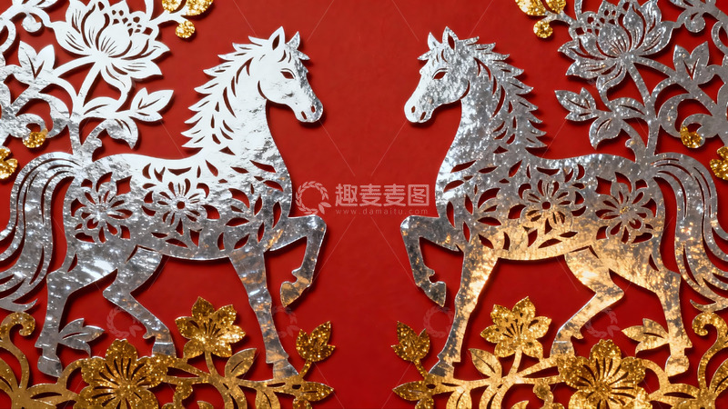 高清大图下载【趣麦麦图】红色背景上的银色马剪纸艺术