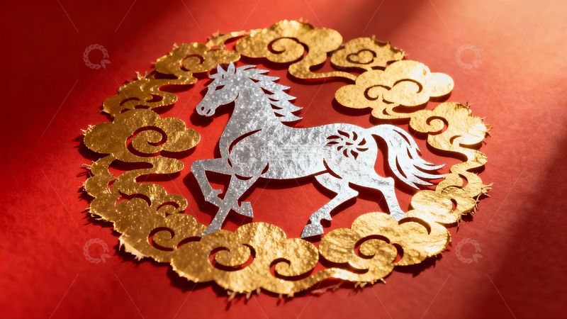 高清大图下载【趣麦麦图】红色背景上的金色剪纸马