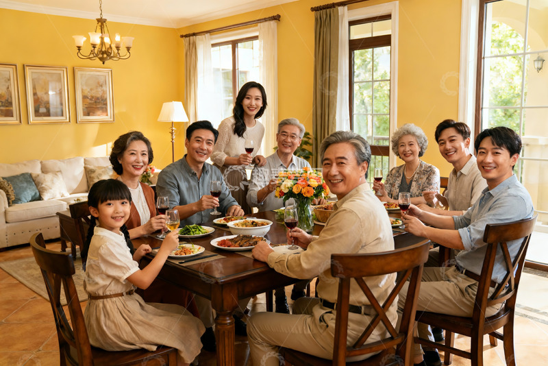 高清大图下载【趣麦麦图】三代同堂家庭聚餐温馨场景