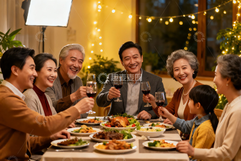 高清大图下载【趣麦麦图】温馨家庭聚餐举杯欢庆