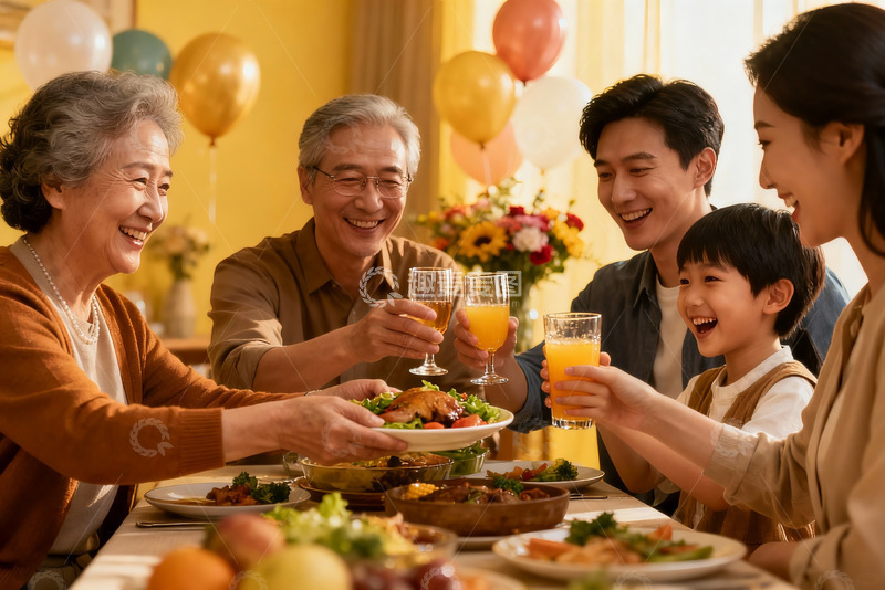高清大图下载【趣麦麦图】三代同堂家庭聚餐欢庆时刻