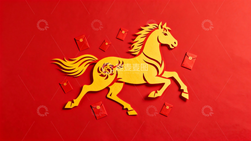 高清大图下载【趣麦麦图】红色背景上的金色剪纸马