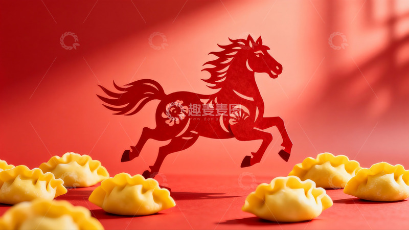 高清大图下载【趣麦麦图】红色剪纸马与饺子摆拍